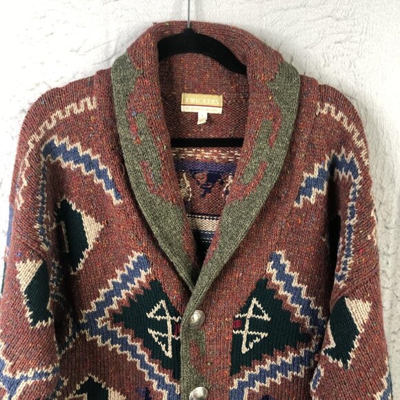 Vintage Twickers Cardigan Sweater Men L Brown Shawl Collar Aztec Wool Concho - Picture 8 of 16
